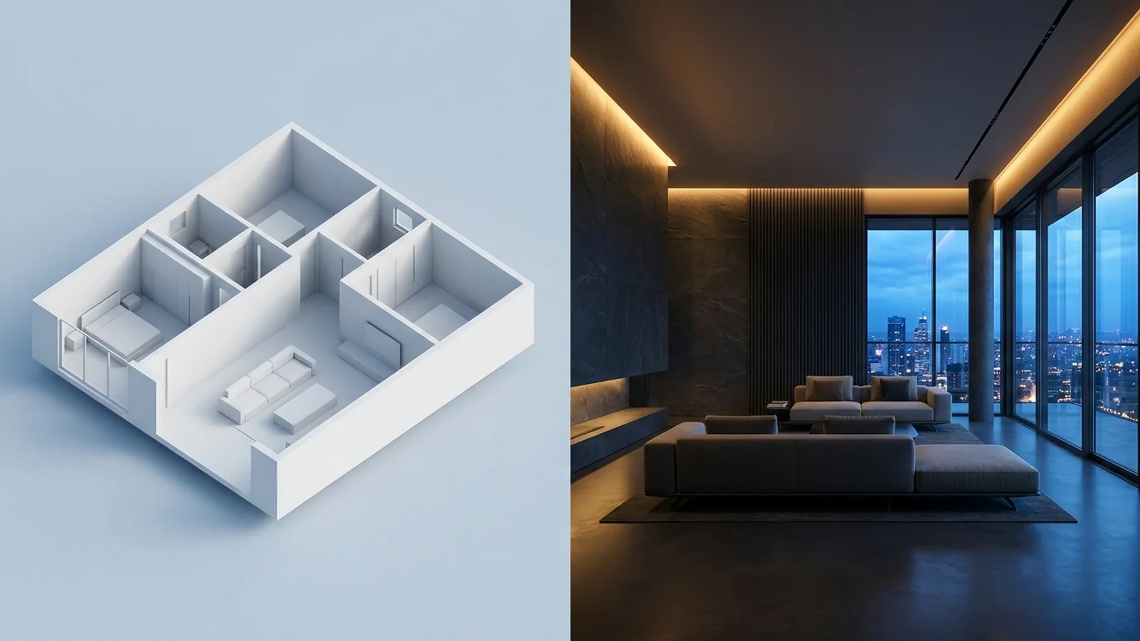 A physical apartment model beside a photographic interior design print