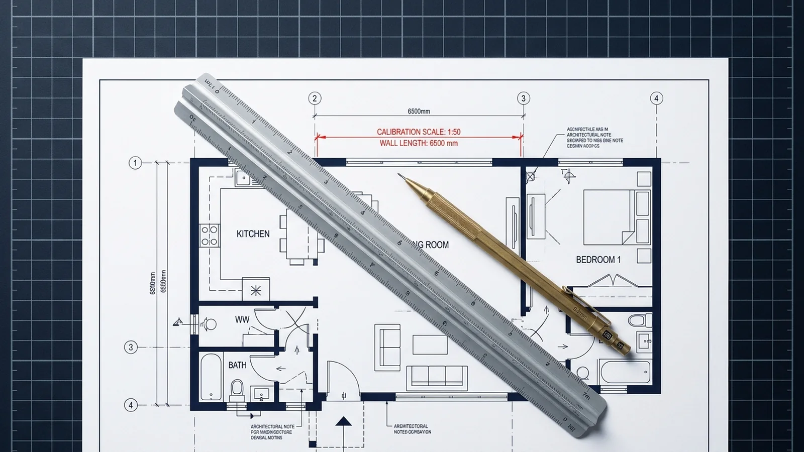 A scale ruler and measuring device beside an apartment drawing