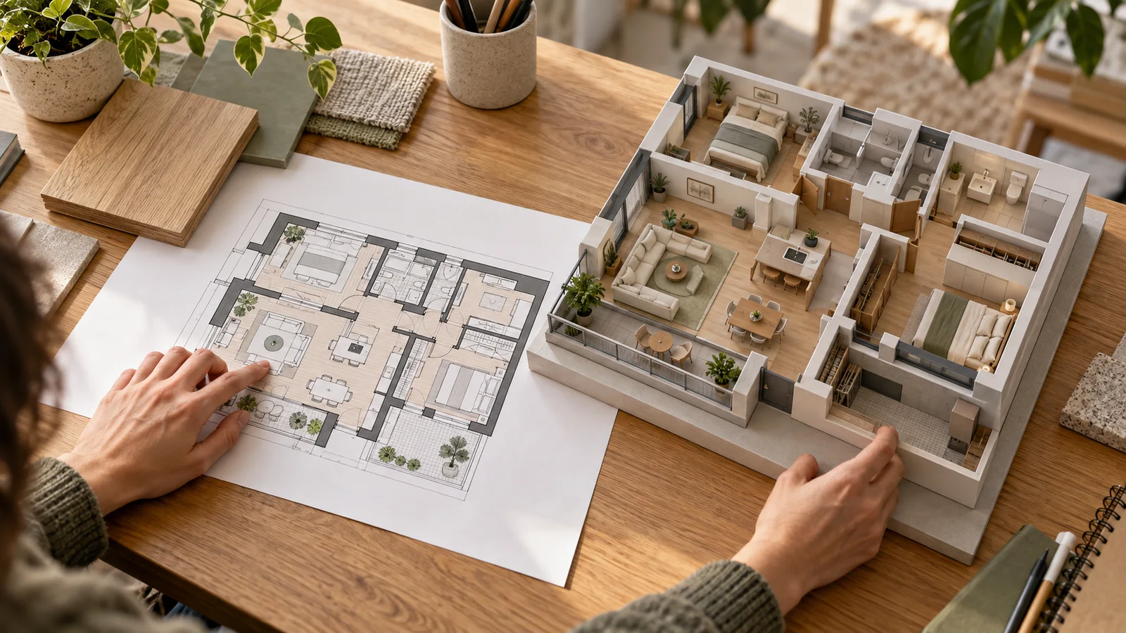 Hands comparing a printed floor plan with a furnished architectural apartment model